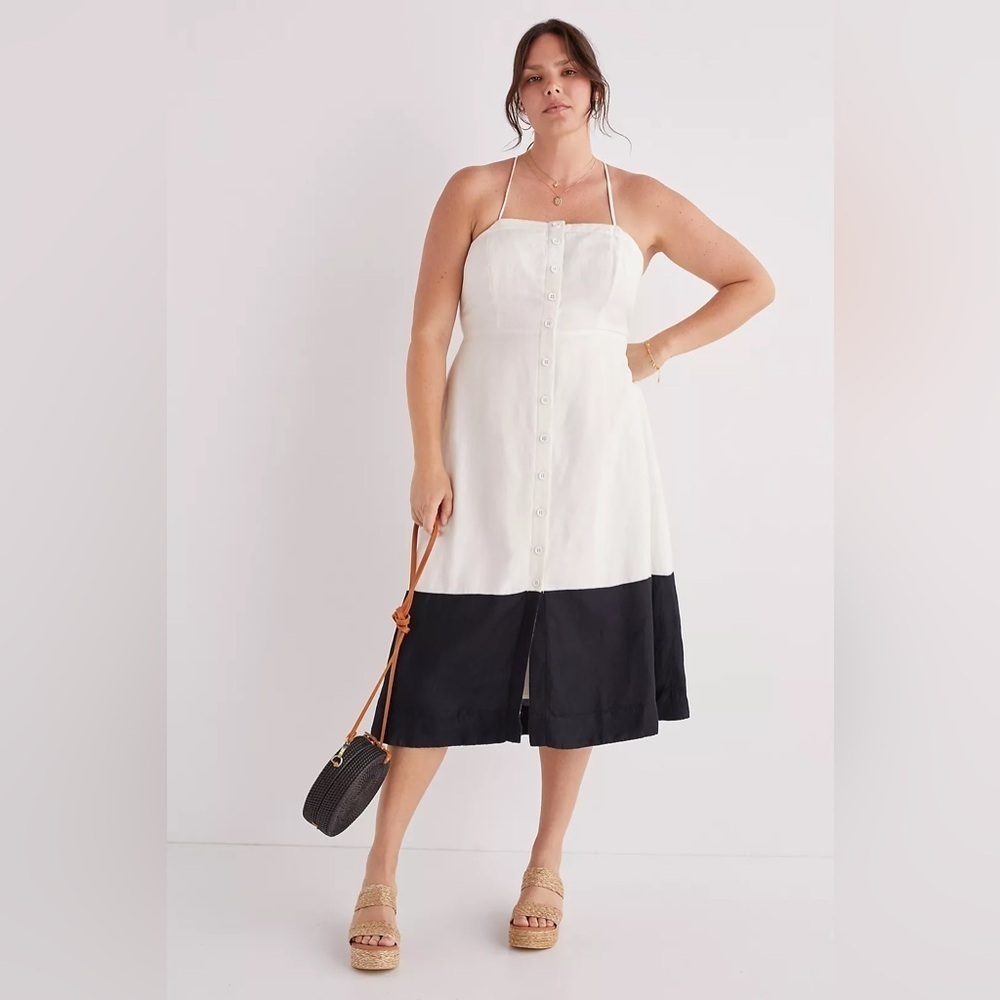 Maeve Anthropologie Colorblocked Two-Tone Cream Black Linen Midi Dress Size S - Picture 14 of 15